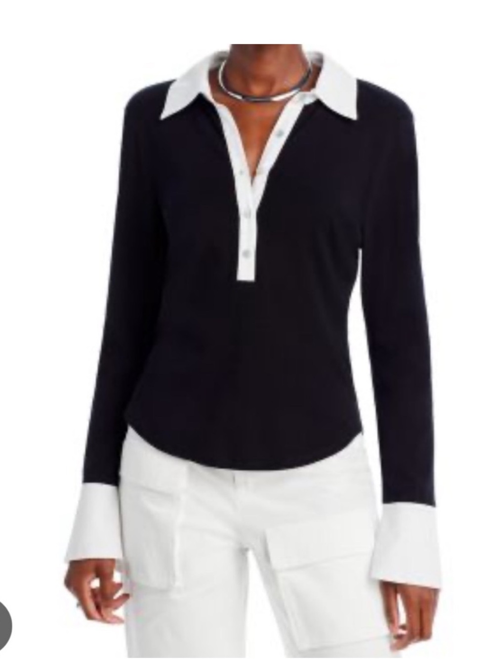 Cinq a Sept Navy and White Contrast Collared Women's Top - Picture 2 of 2